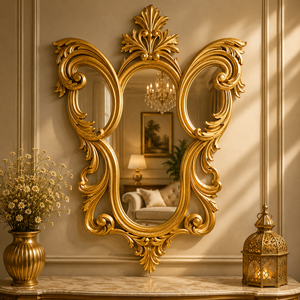 Espejo de Pared Clásico con Triple Arco de Madera Tallada, Acabado Dorado Antiguo, Hecho a Mano, Espejo Decorativo de Lujo - Product Image 1