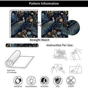 Carta da Parati Adesiva Vintage Oro/Giallo/Blu con Motivi di Pavoni e Piante su Sfondo Nero Scuro, Facile da Applicare - Product Image 6