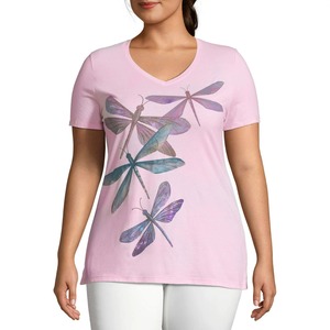 Camiseta de Cuello en V para Mujer, Tallas Grandes, Personalizada al por Mayor, Estampado Floral, Manga Corta, Informal, Gris, Algodón Jersey, Corte Regular - Product Image 5