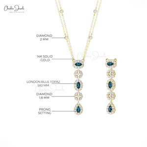 Collar de Topacio Azul Londres Natural de 5x3mm con Cierre de Resorte y Halo de Diamantes en Oro Sólido de 14k, Envío Gratis, Joyería - Product Image 4