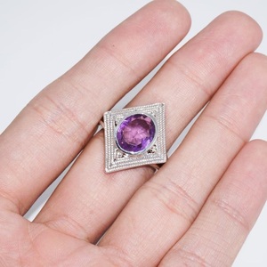 Natural Amethyst Rhombus <b>Ring</b> 925 Solid Sterling Silver Boho Gemstone <b>Statement</b> <b>Ring</b> Gift for Women - Product Image 4