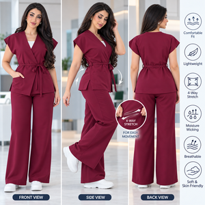 Ensemble de blouses médicales unisexe bordeaux, haut à col en V avec ceinture et pantalon évasé, uniforme d'hôpital en toile de polyester tissée - Product Image 3