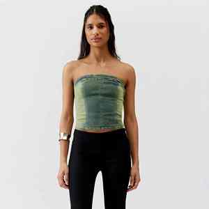 Top de Mezclilla Personalizado de Alta Calidad para Mujer, Azul Deslavado, Cuello Halter, Cuello Redondo, Dobladillo Asimétrico, Estilo Corsé - Product Image 6