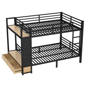 Queen Over Queen Metal Bunk <b>Bed</b> with <b>Storage</b> Shelves Drawers Pegboard for Teens <b>Black</b> Color - Product Image 5