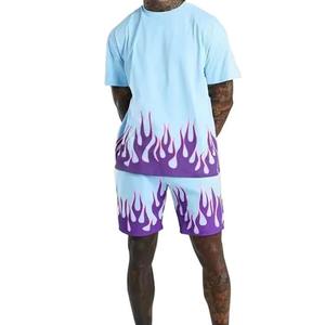 mens light blue purple <b>flame</b> graphic print short sleeve tshirt matching shorts 2 piece set casual athletic streetwear outfit - Product Image 1