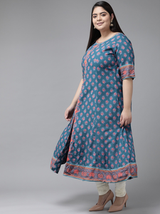 Kurti Anarkali en rayonne pour femmes grandes tailles, col rond, manches courtes, design floral bleu élégant et décontracté pour tous les jours - Product Image 3