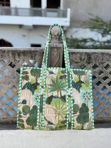 Bohemian Block Print Cotton Quilted Shoulder <b>Bag</b> Inner Pockets Durable Reusable Tote for Daily Life <b>Work</b> College - Product Image 4