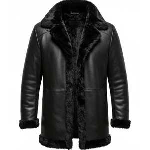 Custom Men Black Shearling Style Leather <b>Jacket</b> Fur Collar Winter Warm Coat Premium Quality <b>Biker</b> <b>Jacket</b> OEM ODM Custom Logo - Product Image 3