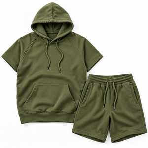 <b>Men's</b> Solid Olive Green Cotton <b>Short</b> Sleeve <b>Hoodie</b> <b>and</b> <b>Shorts</b> <b>Set</b> Custom Casual Tracksuit - Product Image 1