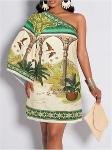 Vestido Túnica Mini Asimétrico de un Hombro para Mujer, Estilo Tropical, Manga Campana, Transpirable, Casual, Formal, para Vacaciones en la Playa, Verano - Product Image 3