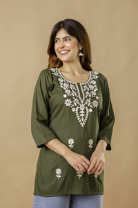 <b>Women's</b> Olive Green Cotton <b>Kurta</b> With White Embroidery 3/4 Sleeve Traditional Casual Wear Midi Length Regular Fit - Product Image 4