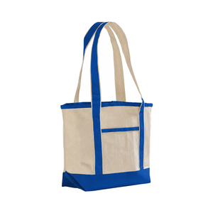 <b>Cream</b> Canvas Medium Tote Royal Blue Straps Tall Gusset Front Pocket Blank Custom Print Travel Wholesale Bulk Shopping - Product Image 1