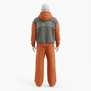 Conjunto Deportivo para Hombre en Gris Oscuro y Naranja Oxidado con Bloques de Color, Sudadera con Capucha y Cremallera, Estampado de Letras y Pantalones de Pierna Ancha - Product Image 2