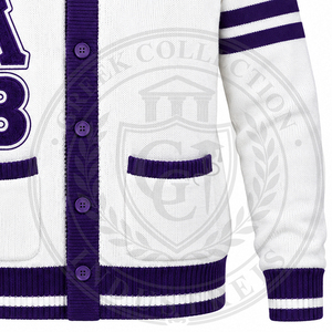 OEM FRATERNITY SIGMA LAMBDA BETA <b>WHITE</b> <b>CARDIGAN</b> ACRYLIC <b>KNITTED</b> WOMEN'S SWEATERS GREEK EMBROIDERY LOGO WINTER UNIVERSITY VARSITY - Product Image 3