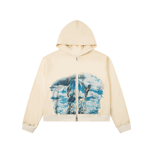 <span class=keywords><strong>Felpa</strong></span> <span class=keywords><strong>con</strong></span> cappuccio unisex color crema <span class=keywords><strong>con</strong></span> stampa <span class=keywords><strong>scheletro</strong></span> robot, chiusura <span class=keywords><strong>con</strong></span> zip frontale, in cotone lavorato a maglia, vestibilità regular, ideale per l'autunno. - Product Image 2