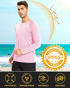 เสื้อแรชการ์ดผู้ชายสีชมพู แขนยาว ป้องกันแสงแดด UV สำหรับชายหาด แห้งเร็ว เหมาะสำหรับตกปลา - Product Image 2