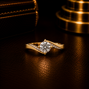 Anillo de compromiso moderno de oro puro de 14 quilates con banda retorcida y diamante redondo brillante cultivado en laboratorio, anillo de boda para mujer. - Product Image 1