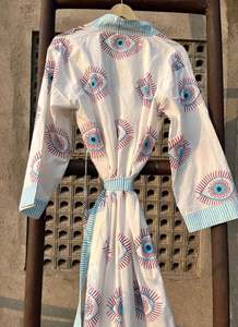 Kimono de plage imprimé à la main pour festival, robe longue ouverte sur le devant, cache-maillot de bain graphique, tenue de plage ethnique bohème pour femme - Product Image 5