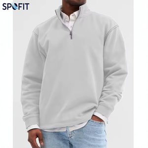 New Autumn Men's Solid Terry Quarter-<b>Zip</b> Stand Collar Embroidered 100% Cotton Oversized Breathable Casual Sportswear Pullover - Product Image 5