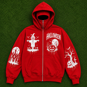Custom Halloween Full <b>Zip</b> Mask Hoodie Red Oversized Streetwear Hoodie Gothic Pumpkin Scarecrow Haunted House Print Unisex Hoodie - Product Image 6