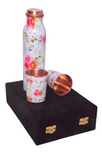 Abstract Art Multicolor Printed Pure Copper Water Bottle 2 Glass Set Premium Velvet Presentation <b>Box</b> Ayurvedic Drinkware - Product Image 2