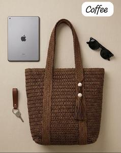 Woven <b>Straw</b> Shoulder <b>Bag</b> Tote Handbag with Tassel Button Closure for Beach Travel Daily Use - Product Image 1