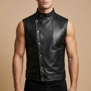 FAZMAX <b>Men's</b> <b>Black</b> Genuine Leather High Street Winter Moto <b>Vest</b> V-neck Solid Color Outerwear Regular Length Quick Dry Breathable - Product Image 2
