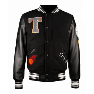 Veste de baseball oversize streetwear noire avec manches en cuir et logo brodé pour homme - Product Image 1