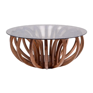 Table basse de salon moderne et attrayante, style floral, avec base sculpturale en bois de manguier massif et plateau rond en verre - Product Image 1