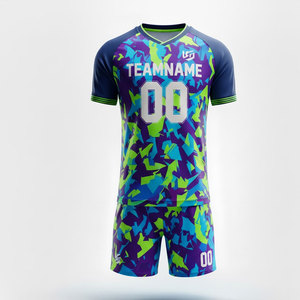 Conjunto de Uniforme de Fútbol Sublimado Personalizado, Azul, Morado y Verde Camuflaje, Cuello en V, Manga Corta, Absorbe la Humedad, Unisex para Adultos - Product Image 1