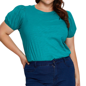 เสื้อผู้หญิงไซส์ใหญ่ คอกลม แขนสั้น สีพื้น ผ้าคอตตอนผสมโพลีเอสเตอร์ สีเขียวอมฟ้า ทรงปกติ - Product Image 4