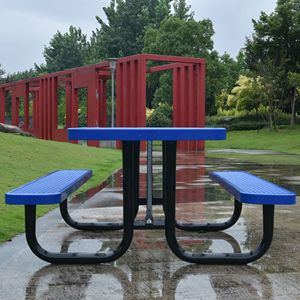 Tavolo da Picnic Quadrato in Acciaio Blu da 46 Pollici per Esterni con Supporto per Ombrellone - Product Image 3