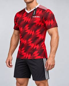 ชุดเสื้อฟุตบอลชาย CLAW INTL สีแดงดำ คอวี แขนยาว พิมพ์ลายแบบ Sublimation ผ้าโพลีเอสเตอร์ ระบายอากาศได้ดี แห้งเร็ว เป็นมิตรกับสิ่งแวดล้อม - Product Image 3