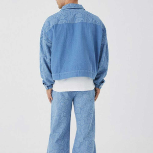 Veste en jean pour homme, imprimé paisley bleu, coupe décontractée, col rabattu, style printemps, veste en coton tissé - Product Image 3