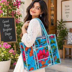 Floral Panelled Canvas Tote <b>Bag</b> With Zipper Closure Insulated Bohemian Style All Seasons Shopping <b>Bag</b> - Product Image 2