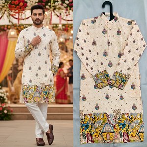 Kurta en coton pour homme, broderie artisanale, coupe classique, longueur cheville, tenue traditionnelle indienne et pakistanaise pour mariage, imprimé à la main - Product Image 4