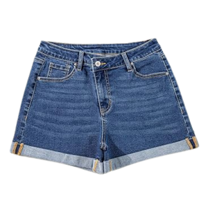 Shorts en jean taille haute pour femme, ourlet retroussé, couleur unie, décontracté, pour l'été, avec poches, coupe classique, bleu - Product Image 1