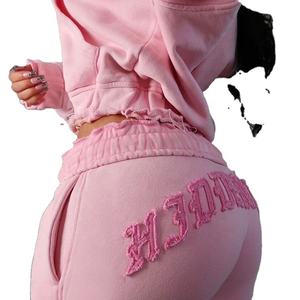2024 nouveau Street Wear personnalisé Patch broderie lavé recadrée surdimensionné en détresse fermeture éclair à capuche ensemble Joggers femmes - Product Image 6