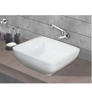 Lavabo rectangular de cerámica duradero para colgar en la pared, 415x415x150mm, blanco brillante, con medio pedestal. - Product Image 3