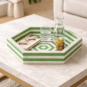 Art Deco Bone Inlay Hexagon Serving <b>Tray</b> with Handles|Decorative Wood Mop Inlay <b>Tray</b> for Drinks, Vanity, <b>Breakfast</b> & Home Decor - Product Image 1