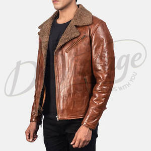 Veste en cuir véritable marron pour homme avec col en fourrure Sherpa, veste de motard slim fit chaude pour l'hiver, manteau en cuir décontracté - Product Image 5