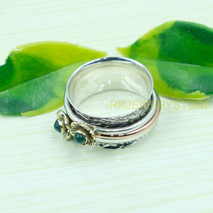 Natural Green Onyx <b>Spinner</b> Ring | 925 Sterling Silver Handmade Hammered <b>Fidget</b> Ring with Brass & Copper | Thumb Ring Jewelry - Product Image 2