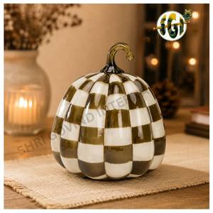 Luxury Handcrafted Handblown Glass Pumpkin Figurine <b>Black</b> <b>White</b> Checkered Pattern Folk Art-Artistic Halloween Christmas <b>Ornament</b> - Product Image 1
