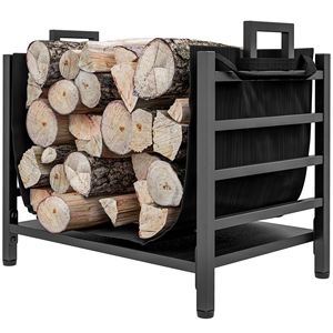Modern 19.3\" X 13.4\" X 17.3\" Black Metal Firewood <b>Rack</b> Indoor Outdoor Durable Wood Storage with <b>Log</b> Carrier Handles - Product Image 1