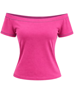 T-shirt vert forêt pour femme, épaules dénudées, avec bordure contrastée, manches courtes, coupe ajustée, décontracté, été, fabrication OEM personnalisée - Product Image 1