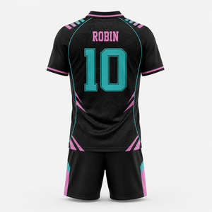 ชุดฟุตบอลสีดำชมพูเขียวแบบกำหนดเอง เสื้อโปโล กางเกงขาสั้น ลายกราฟิกสายฟ้า ชุดทีม OEM โรงงานพรีเมียม ระดับโปร - Product Image 2