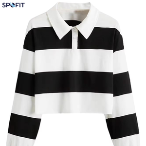 Women's Cropped Rugby Shirt Custom Embroidery Oversize Dropped Shoulder Breathable <b>Red</b> White Contrast Stripes for Polo Formal - Product Image 2