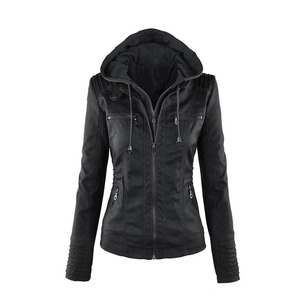 <b>Women's</b> Khaki Hooded Motorcycle <b>Leather</b> <b>Jacket</b> Waterproof Windproof Long Sleeve Autumn Winter Biker Coat Wholesale - Product Image 3