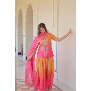 Ensemble palazzo brodé en lin avec dupatta en soie pour femmes - Product Image 4