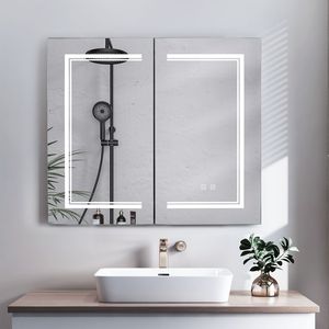 LED Bathroom Wall Cabinet Modern White Double Door <b>Mirror</b> Cabinet Rectangle Frame <b>Smart</b> <b>Mirror</b> Hanging for Bath Room - Product Image 1